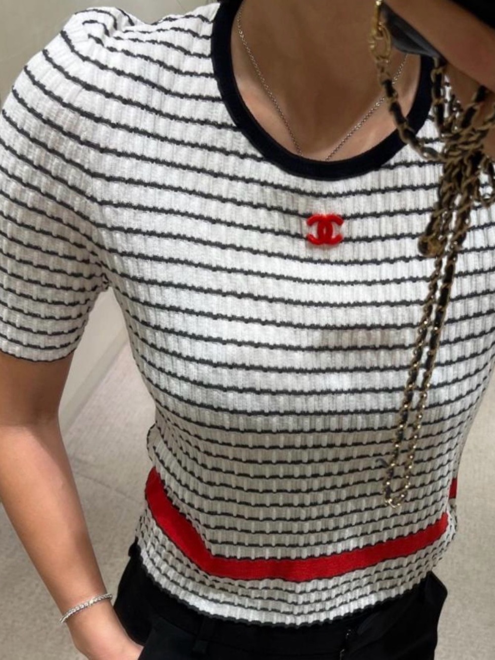 CHANEL Black & White Striped Knit Tee with Red Trim